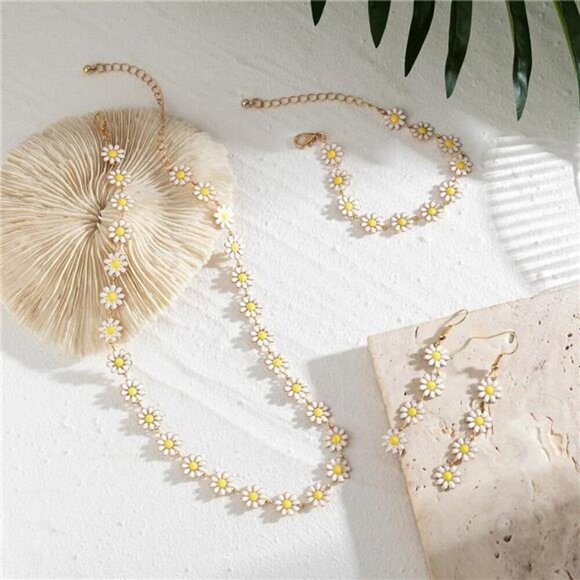 Charming Daisy Flower Jewelry Set – Necklace, Bracelet, and Earrings for Women - Picture 5 of 6